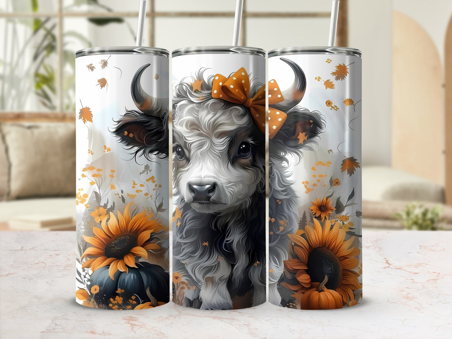 Adorable Cow and Sunflower Design Tumbler Cup