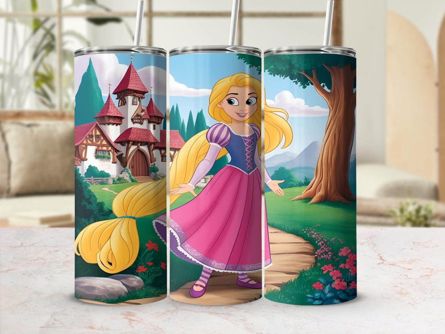 Rapunzel in a pink dress with her long hair, next to a castle and a tree.
