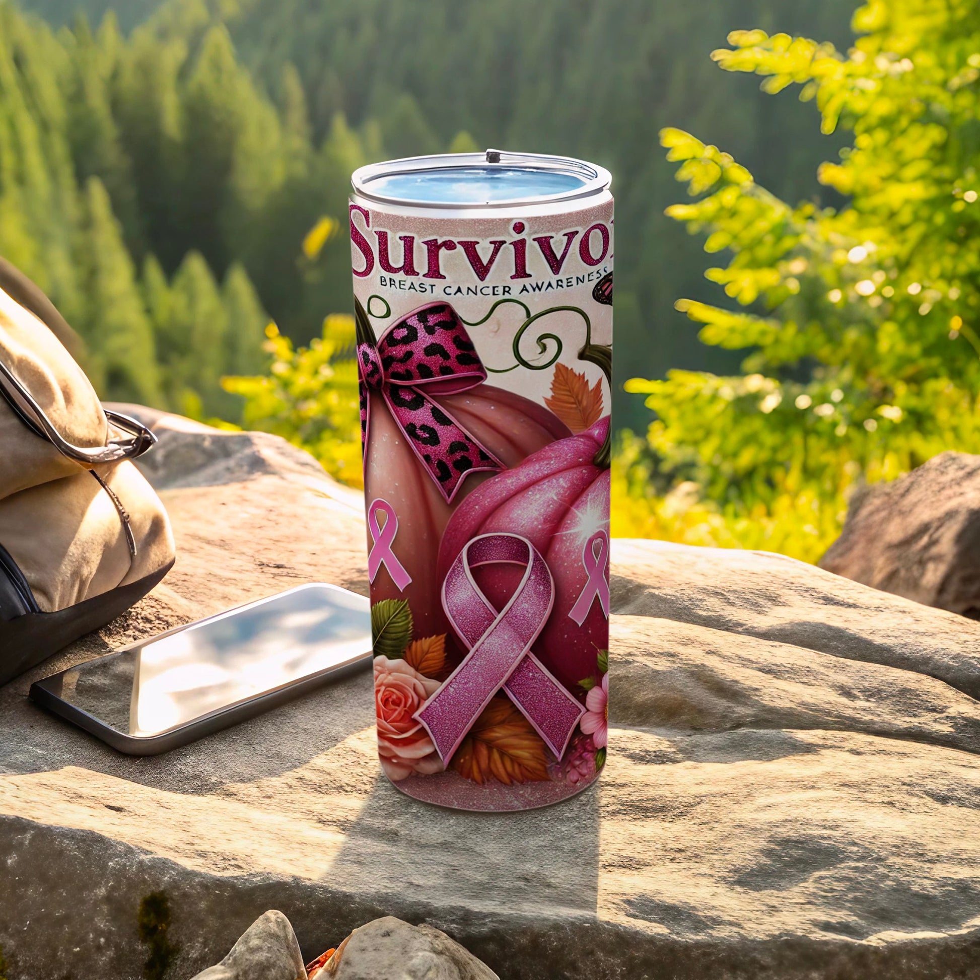 Tumbler with pink ribbons and pumpkins for breast cancer awareness.
