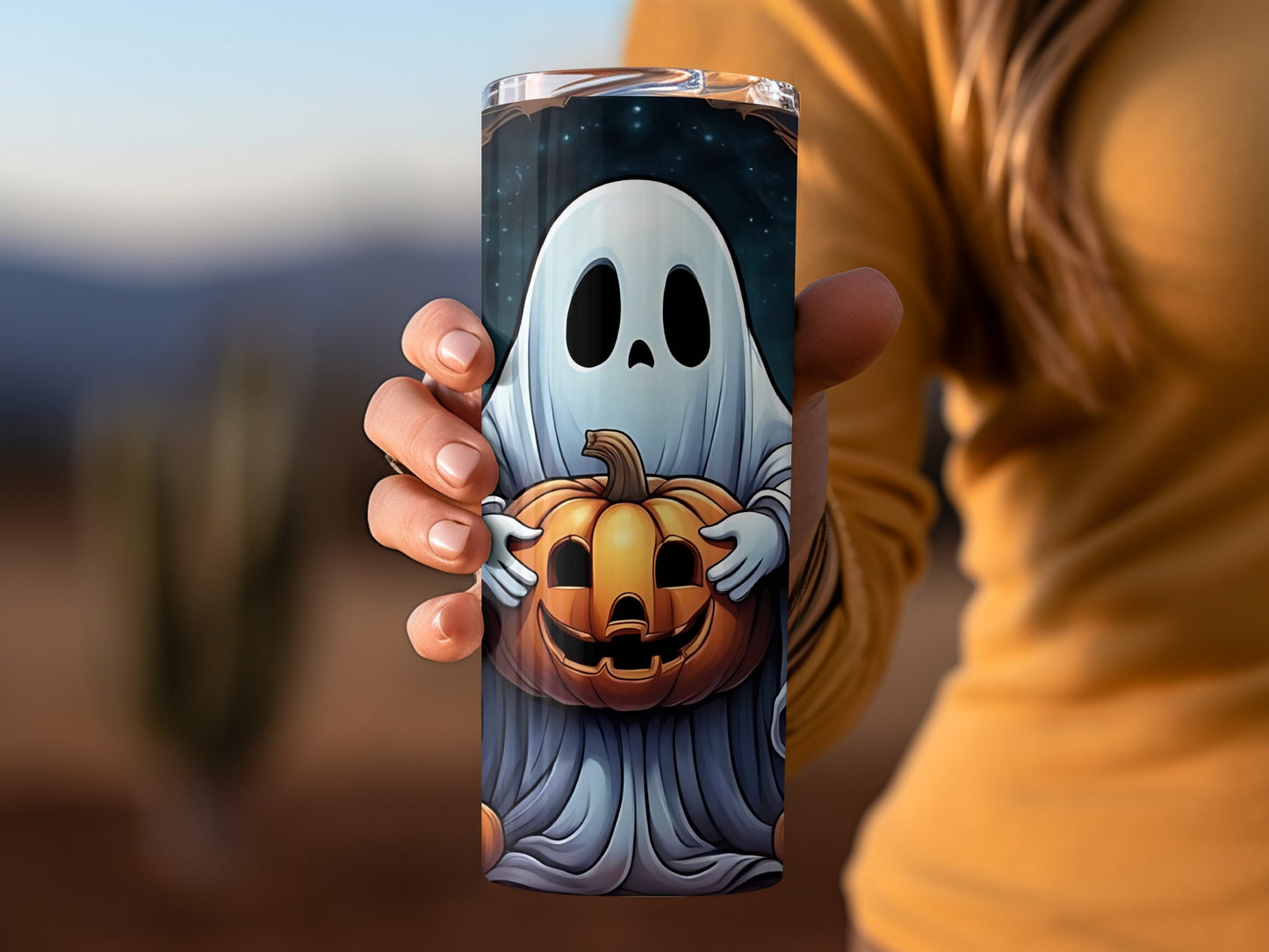 Spooky Ghost Holding Pumpkin Halloween Tumbler Product