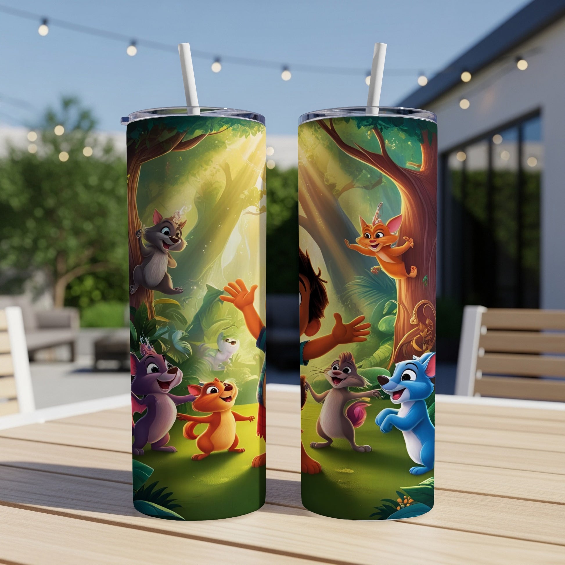 Two tumblers with cartoon animals and jungle scene on table outside.