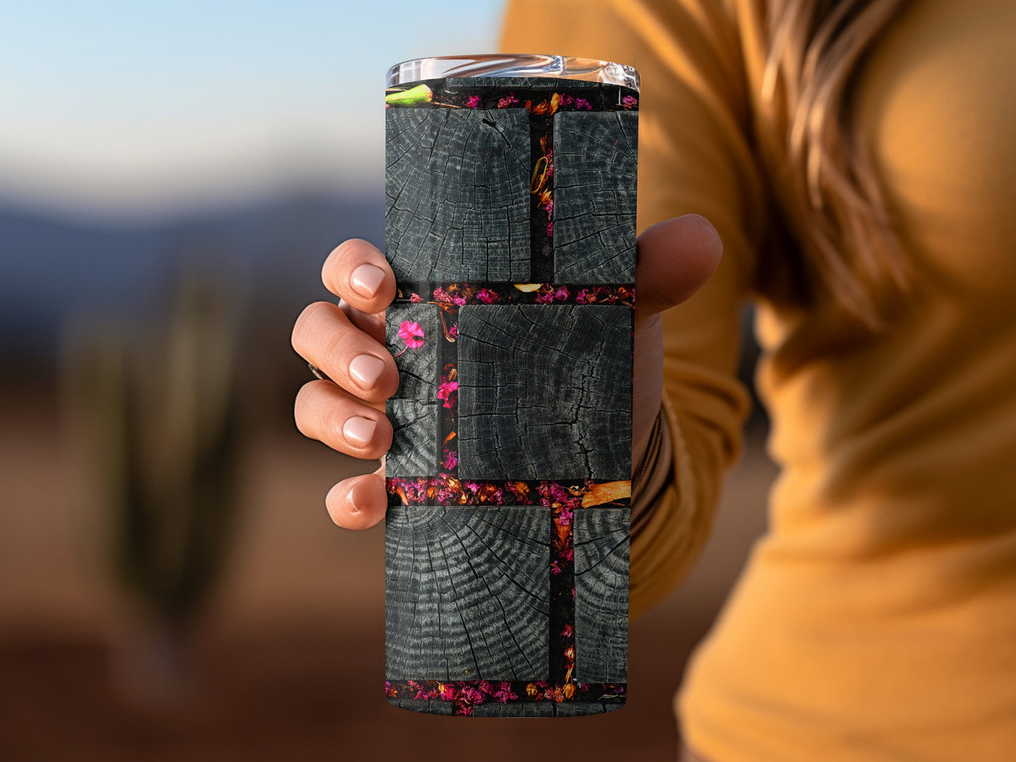 Black Timber Pavers with Pink Flowers Design Tumblers