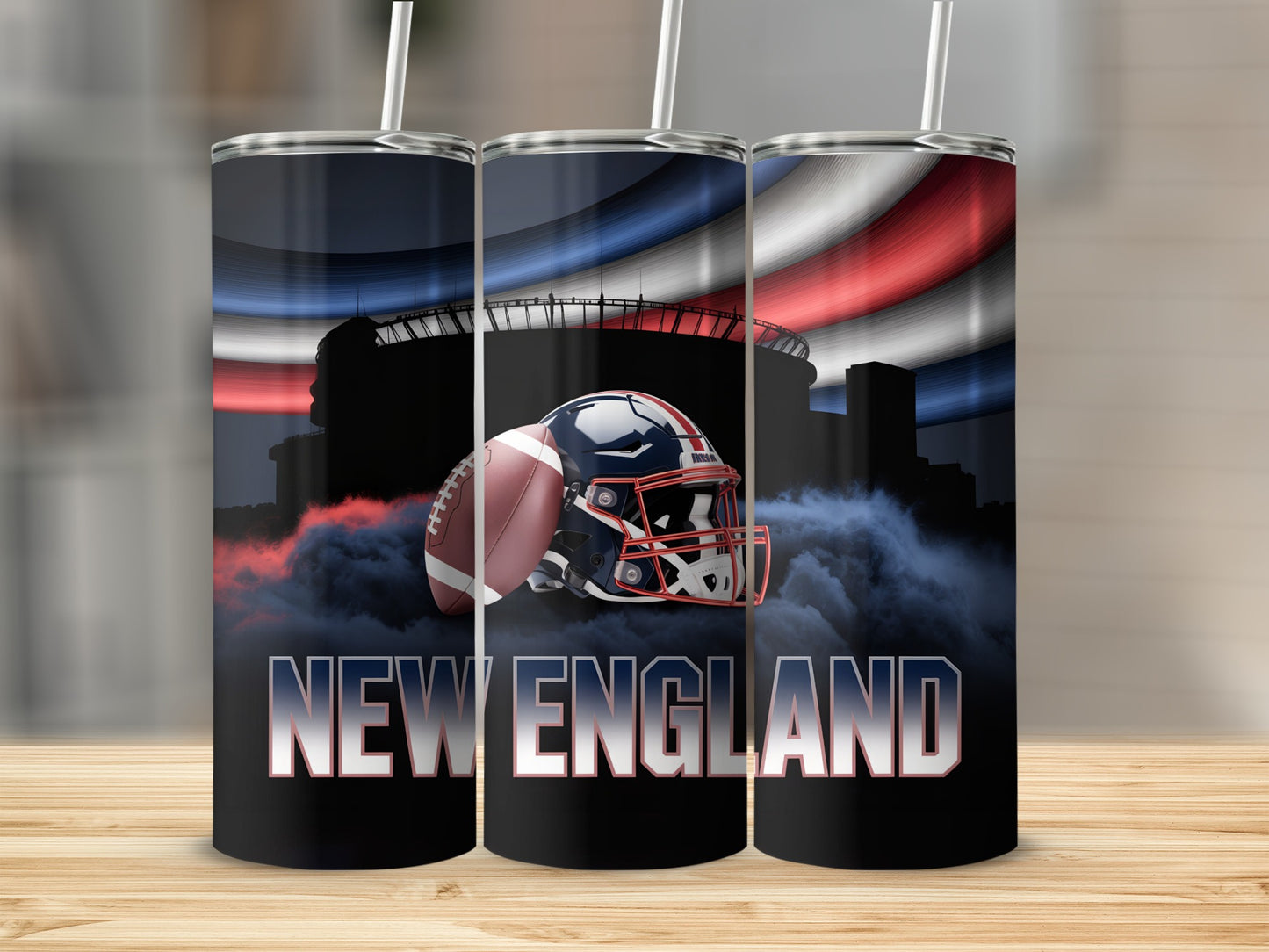 New England Patriots football helmet and stadium design on a tumbler.