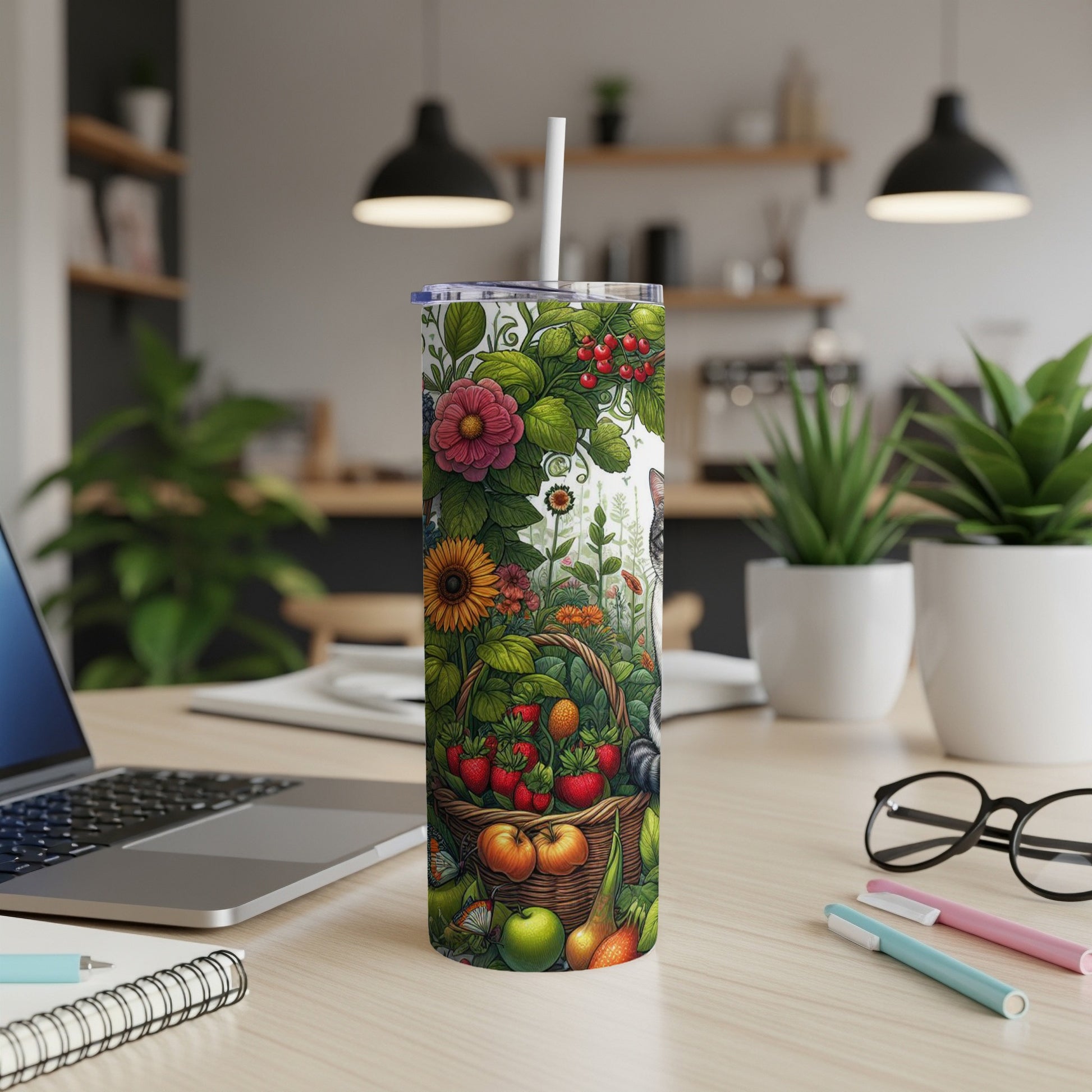 Floral tumbler with strawberries, apples, and a cat peeking from behind basket.