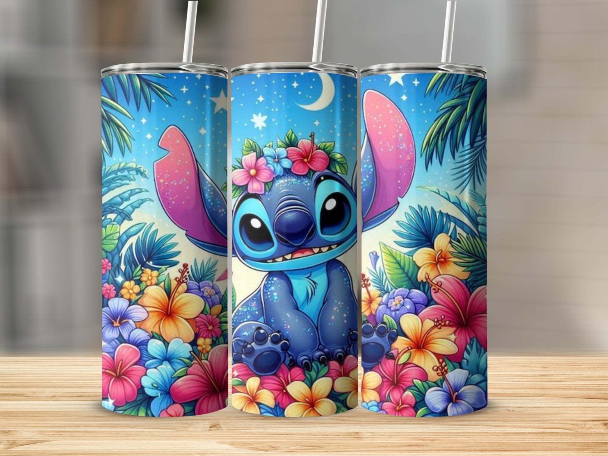 Cute Blue Alien with Tropical Flowers Tumbler