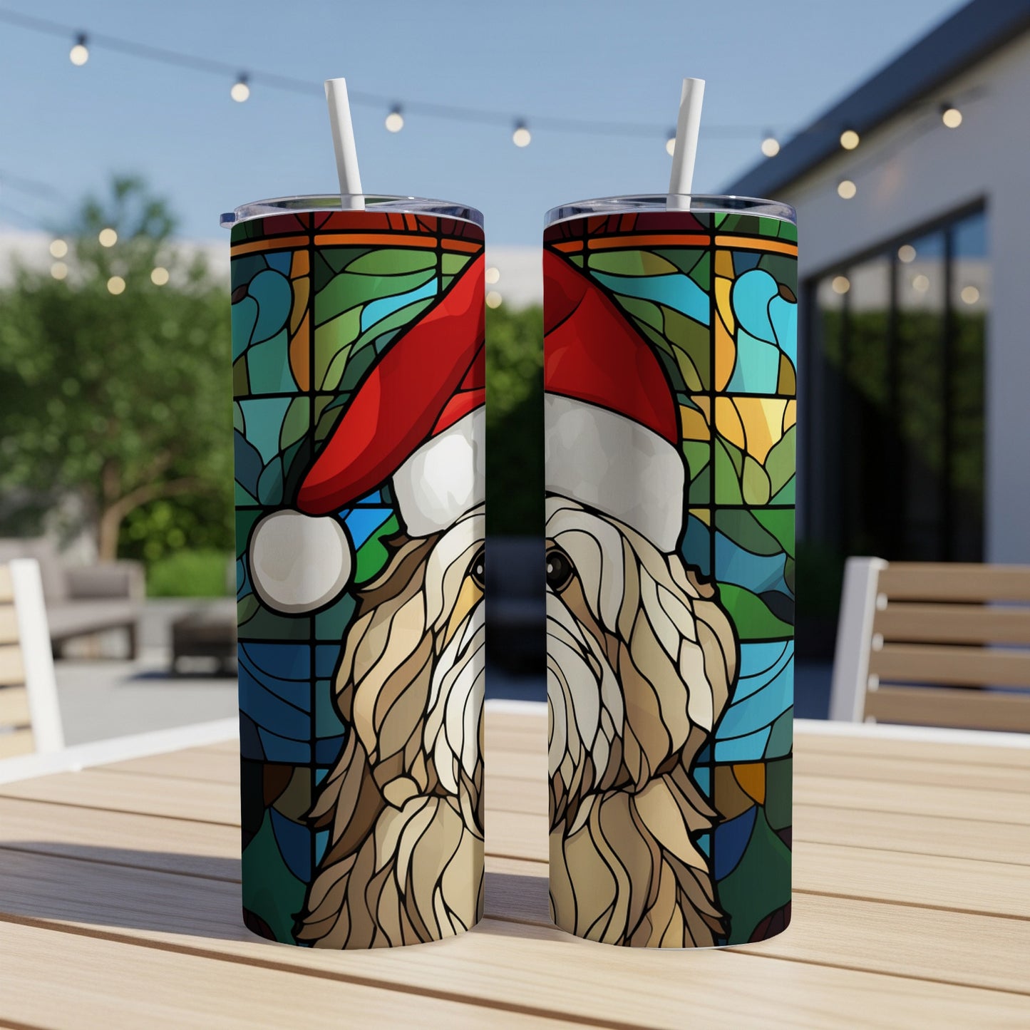 Stained glass style dog wearing a Santa hat on a tumbler.