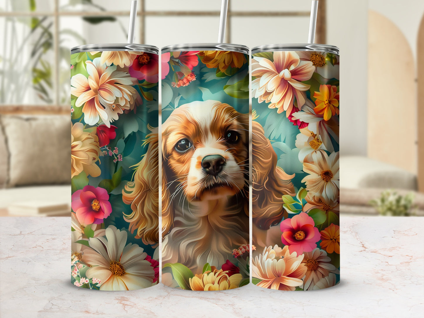 Tapestry tumbler with Cavalier King Charles Spaniel dog and floral surround.