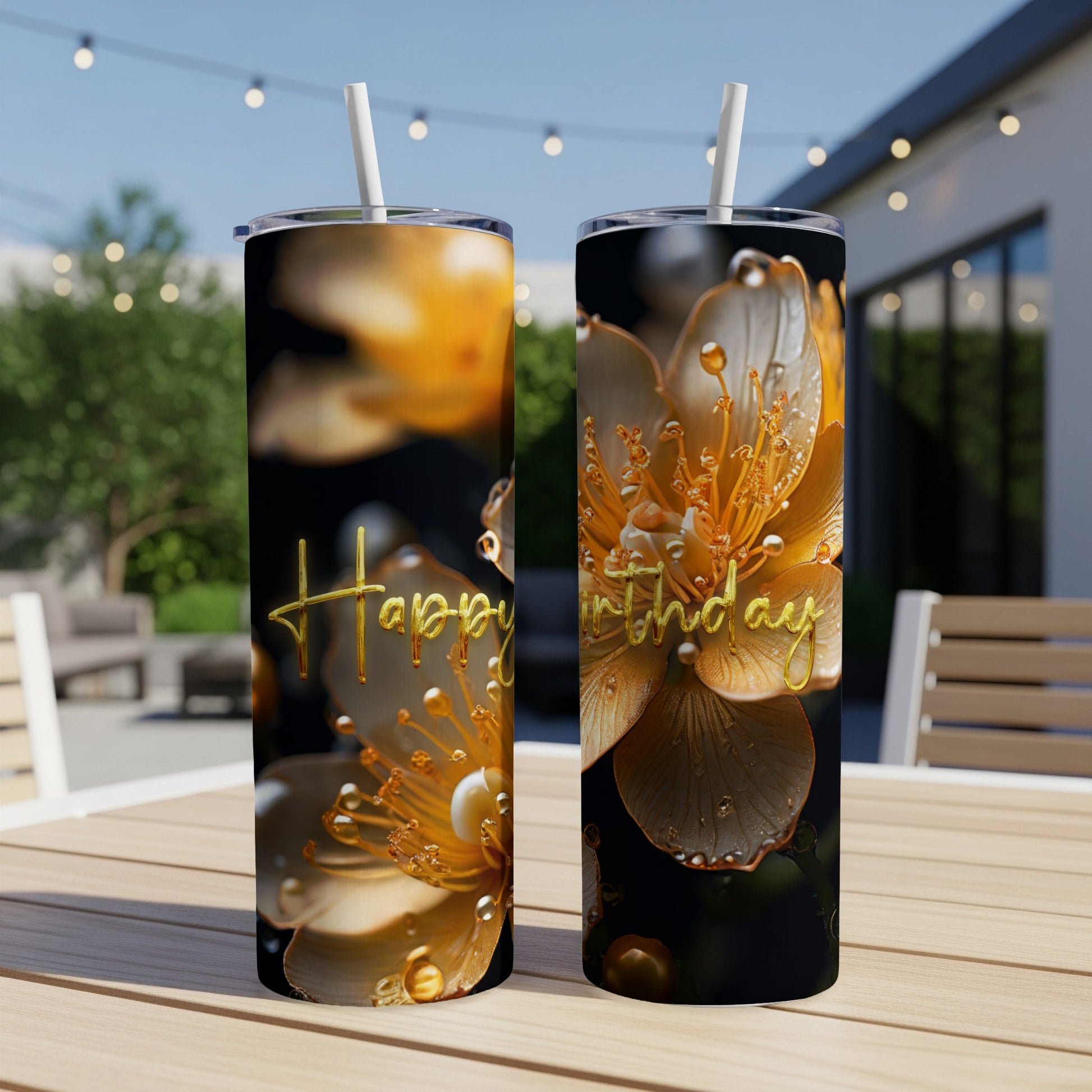 Two tumblers with golden "Happy Birthday" text and yellow flowers.