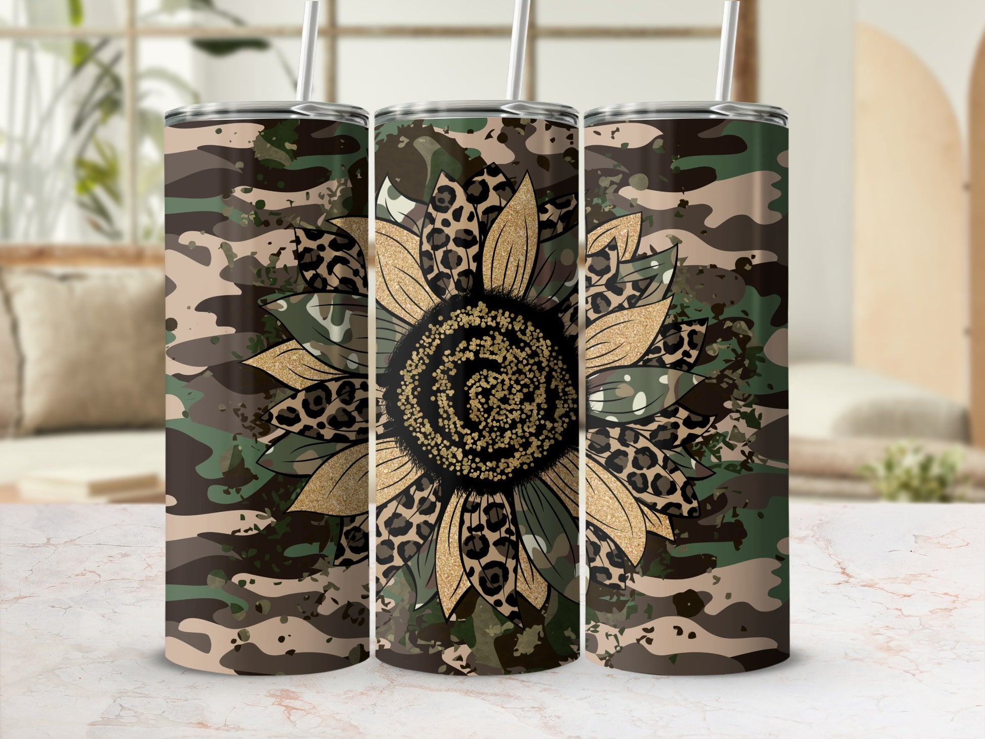 Sunflower and Camo Print Design Tumbler for Beverages