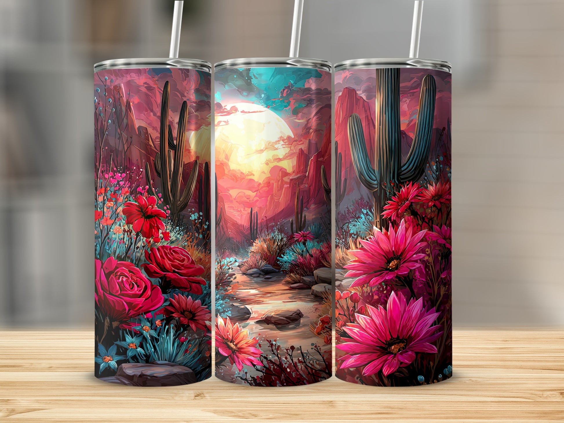 Vibrant Desert Wildflowers with Cactus Tumbler