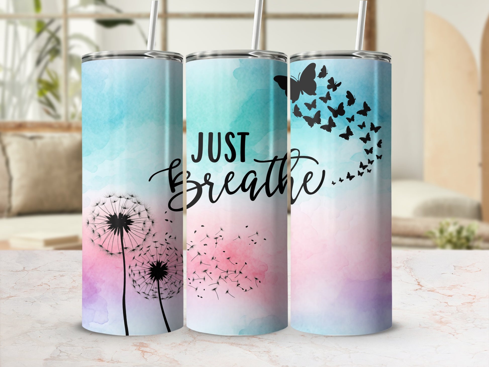 Just Breathe Dandelion Butterfly Watercolor Tumbler product type