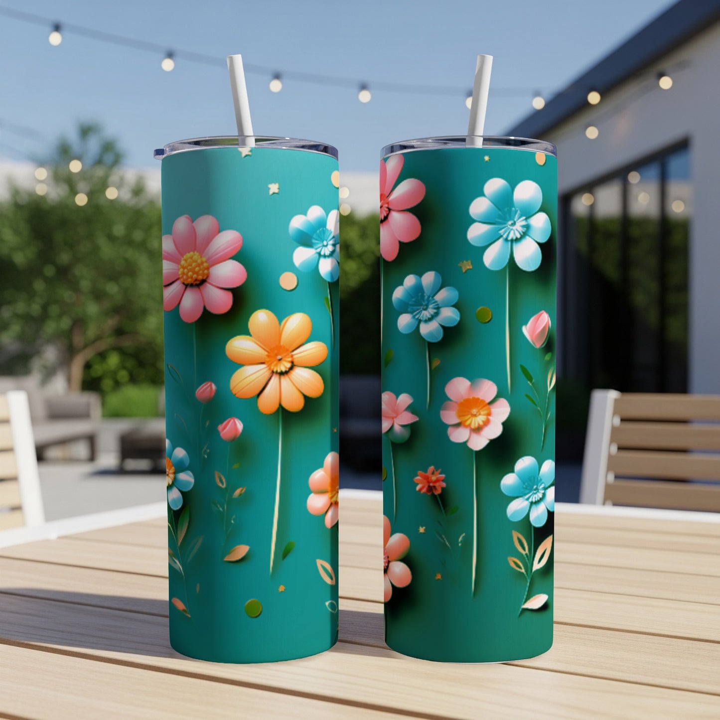 Two teal tumblers with colorful floral patterns, sitting on a table.