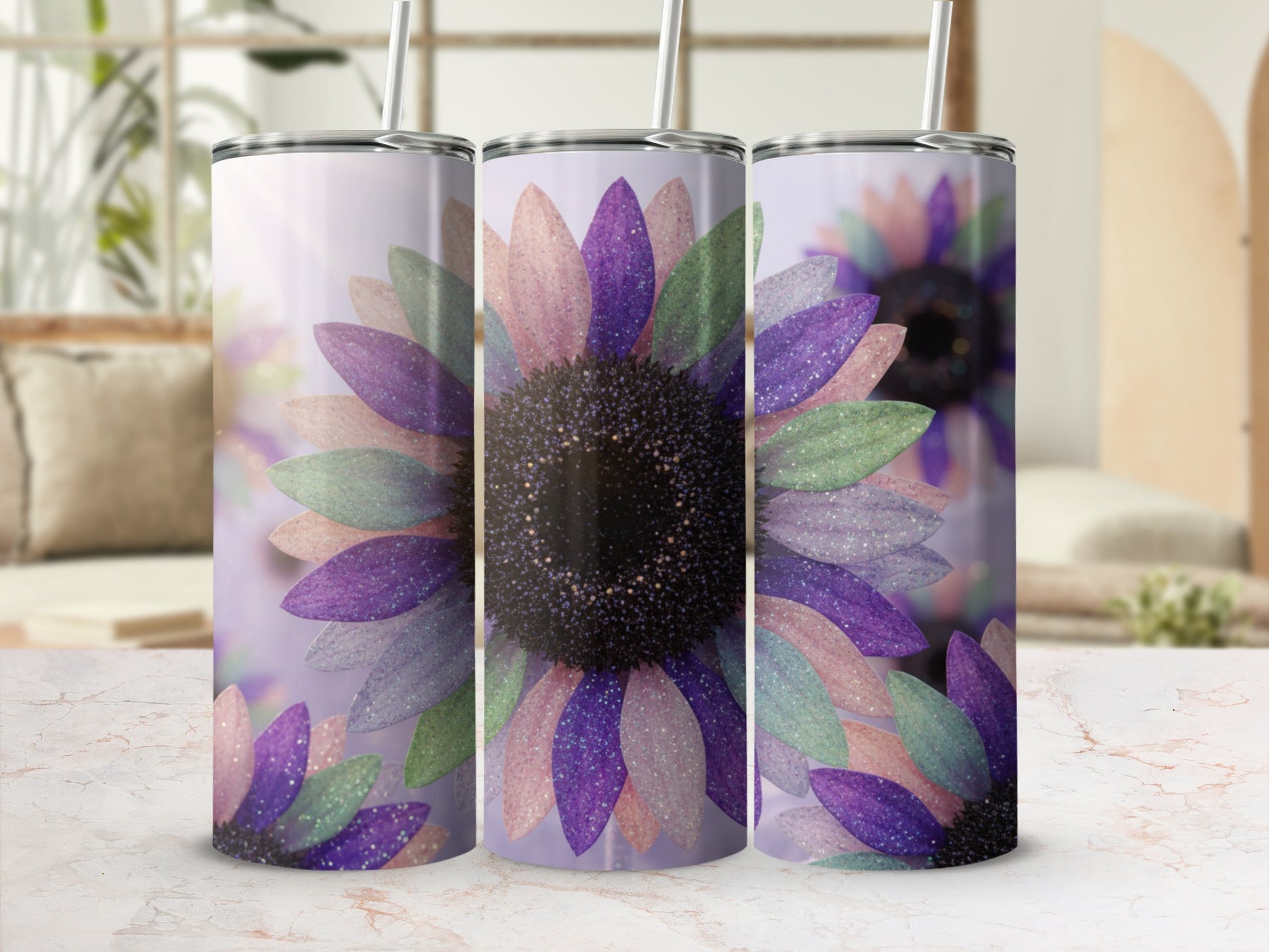 Sparkling Multicolor Sunflower Tumbler with Straw
