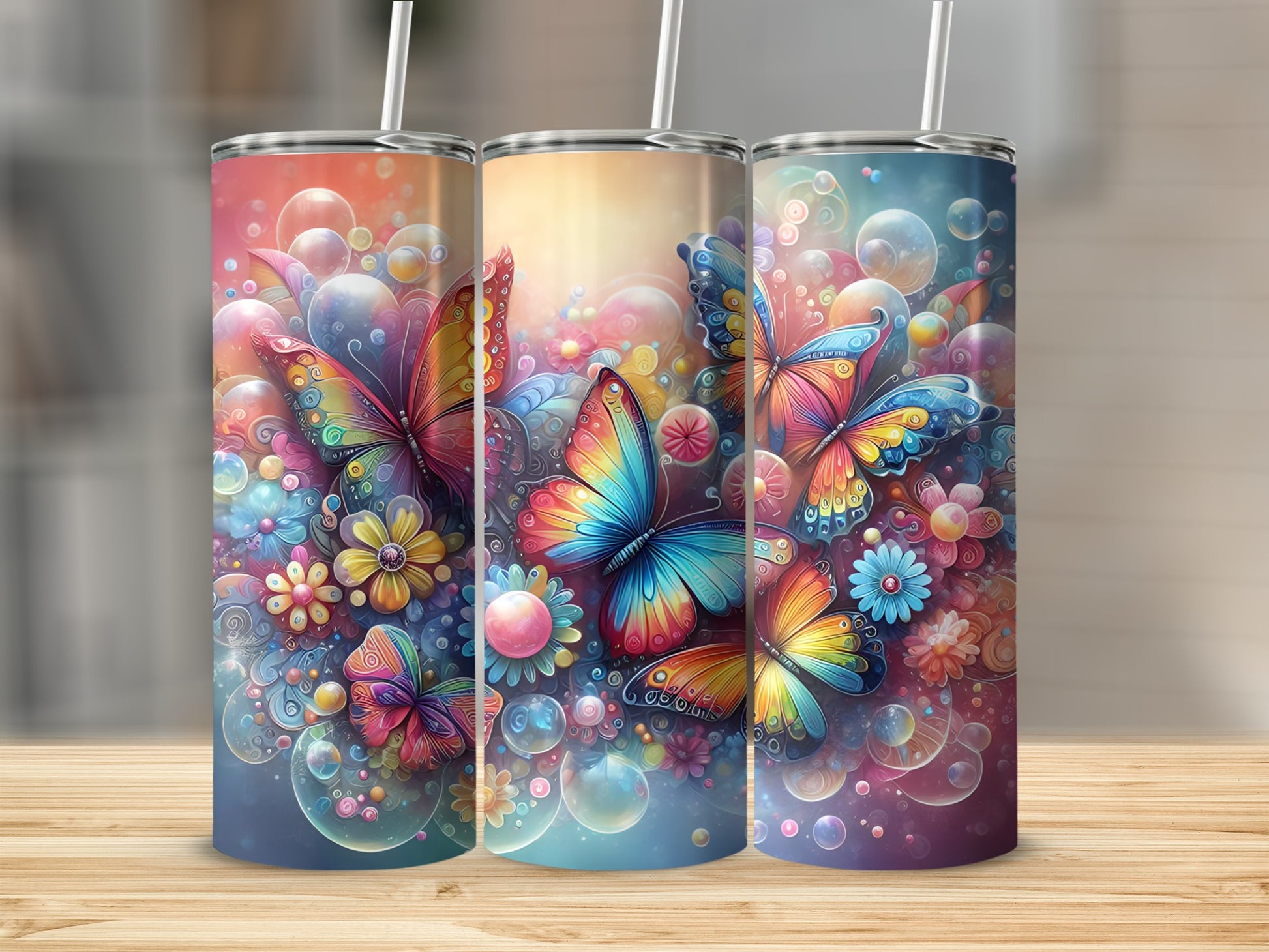 Three tumblers featuring colorful butterflies and floral designs with bubbles.
