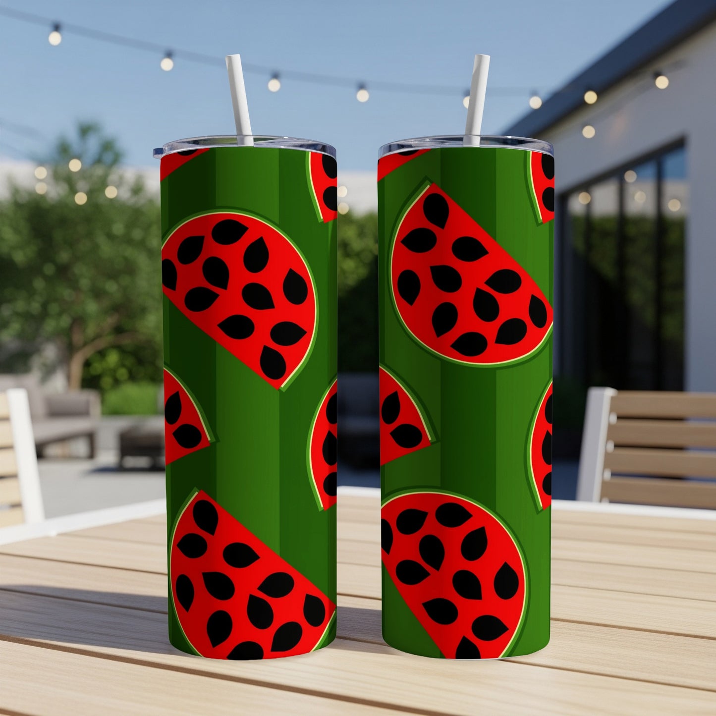 Two green tumblers with a repeating watermelon slice pattern.
