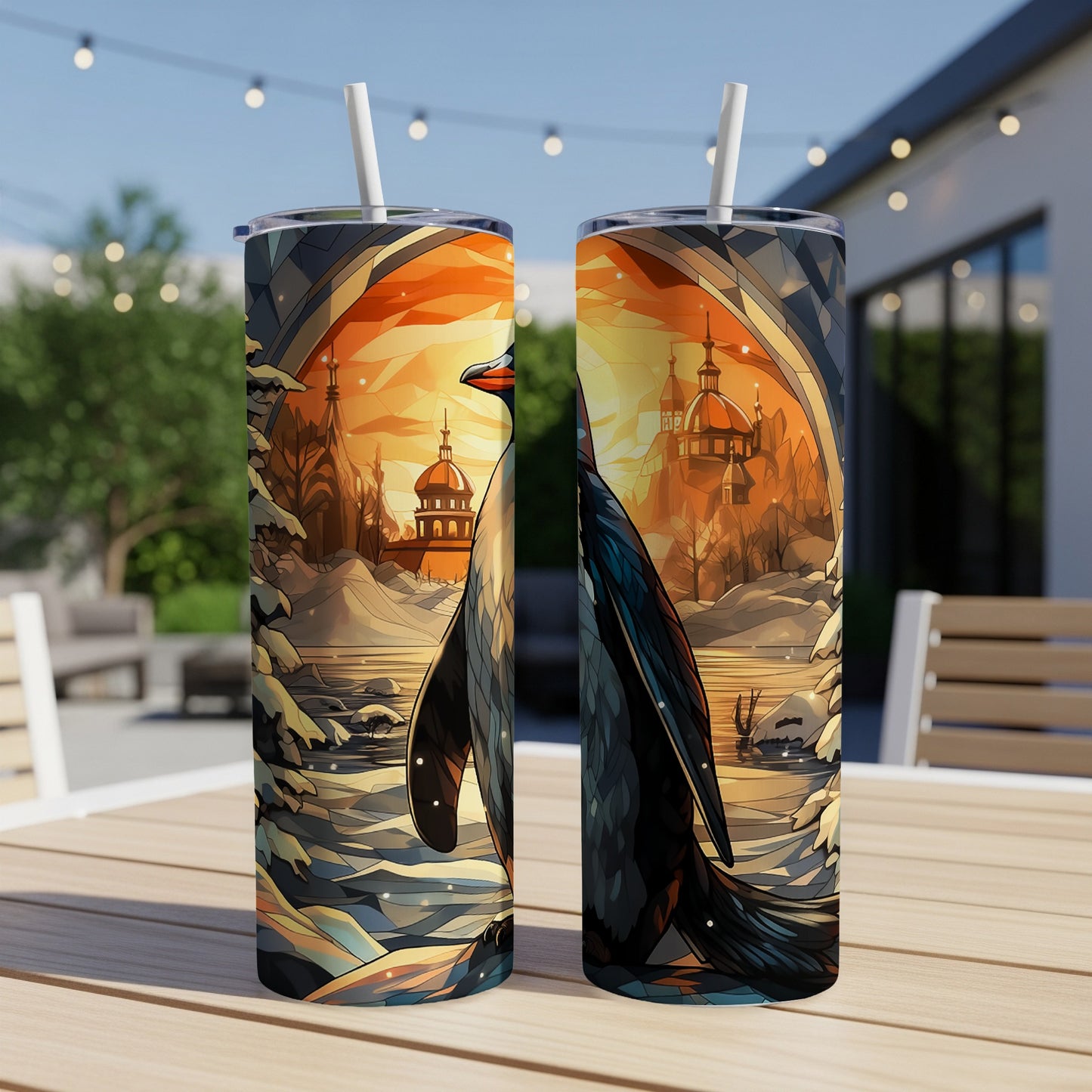Two tumblers with a penguin and cityscape art, set on a table.