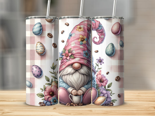 Gnome with Easter eggs and coffee beans on a plaid background.