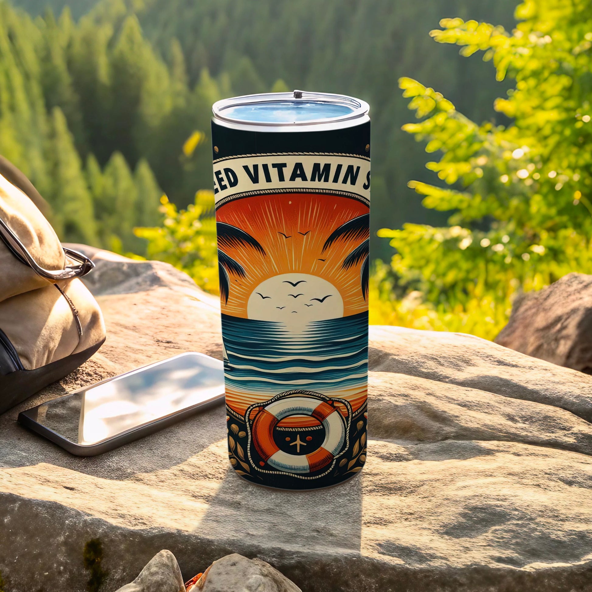 Tumbler with sunset beach scene and "Need Vitamin Sea" text.