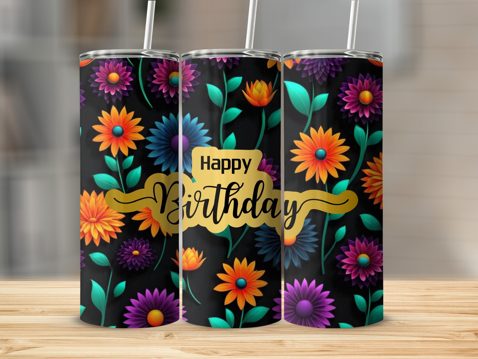Three tumblers with a black background and colorful floral pattern, "Happy Birthday" text.