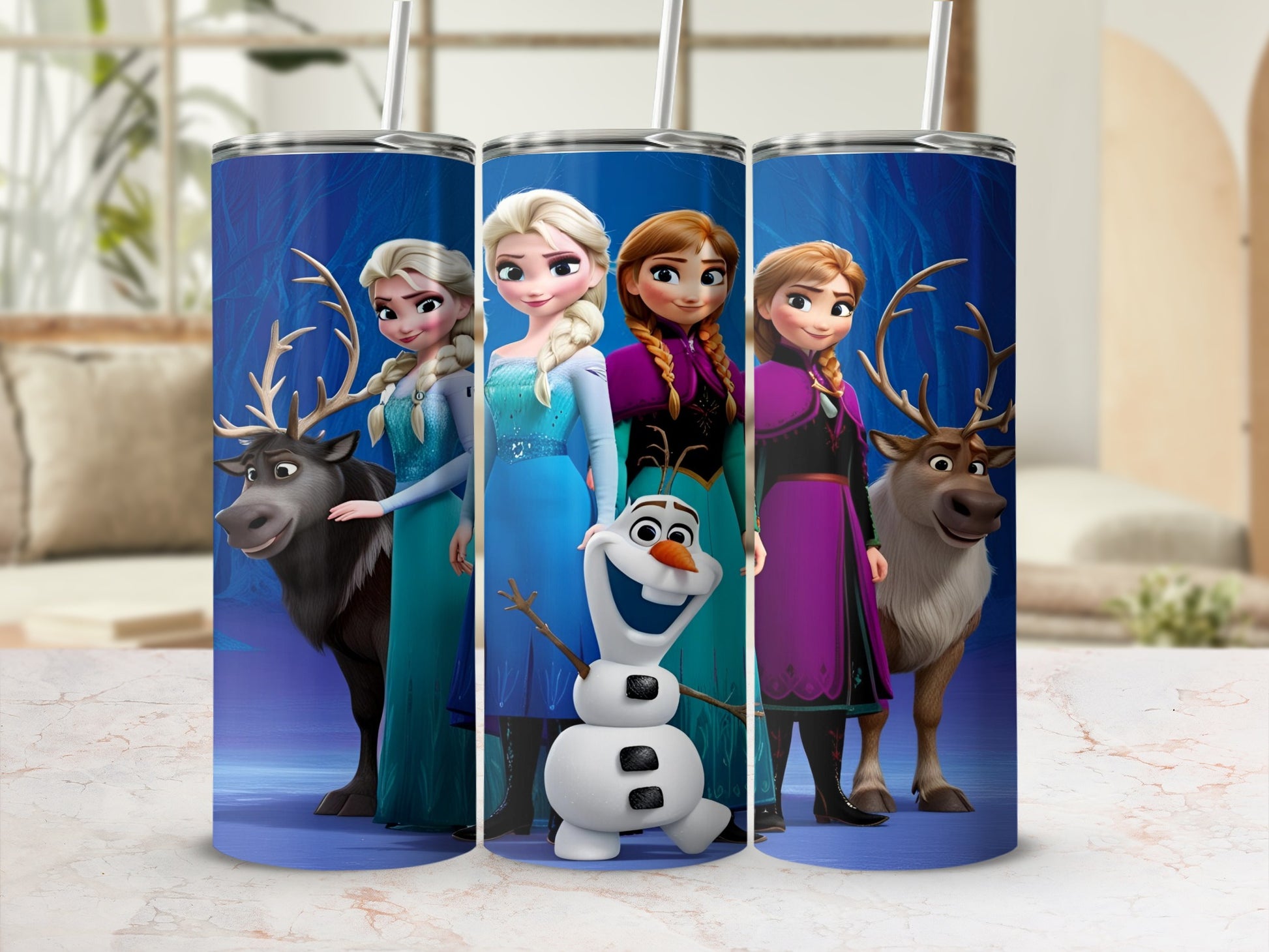 Olaf, Elsa, Anna, and Sven from Frozen on a blue tumbler.