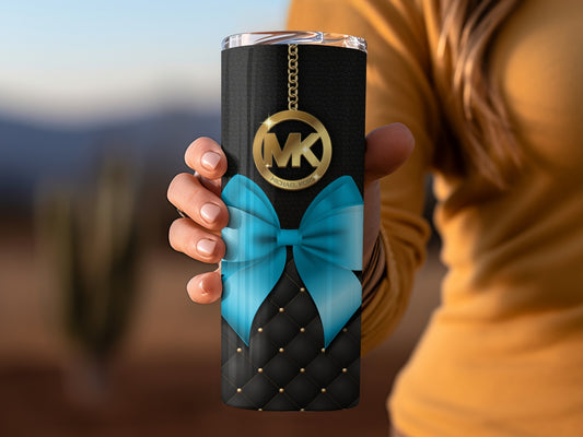 Elegant Black Tumbler With Blue Ribbon and Gold MK