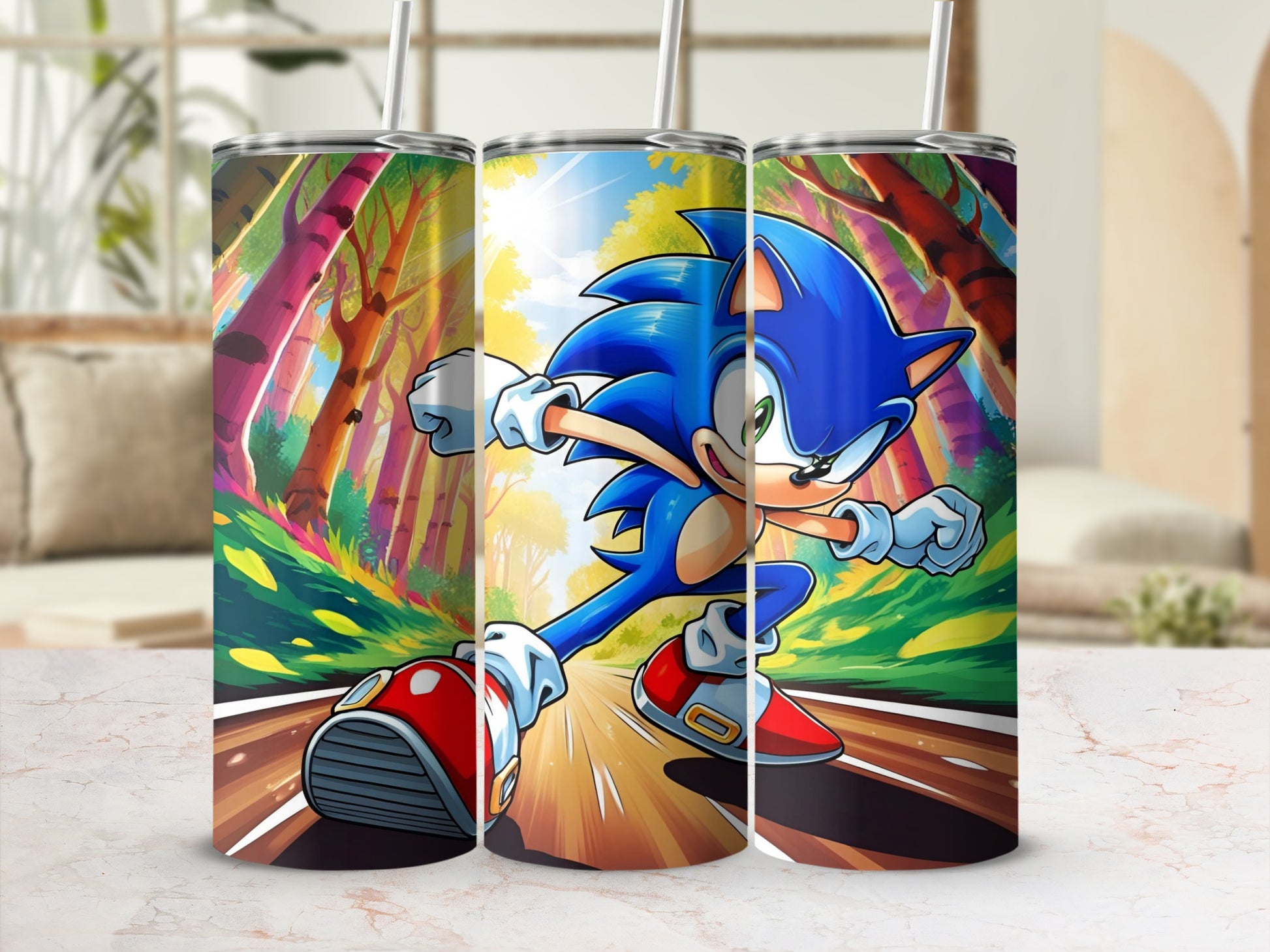 Sonic the Hedgehog running on a colorful road with trees.