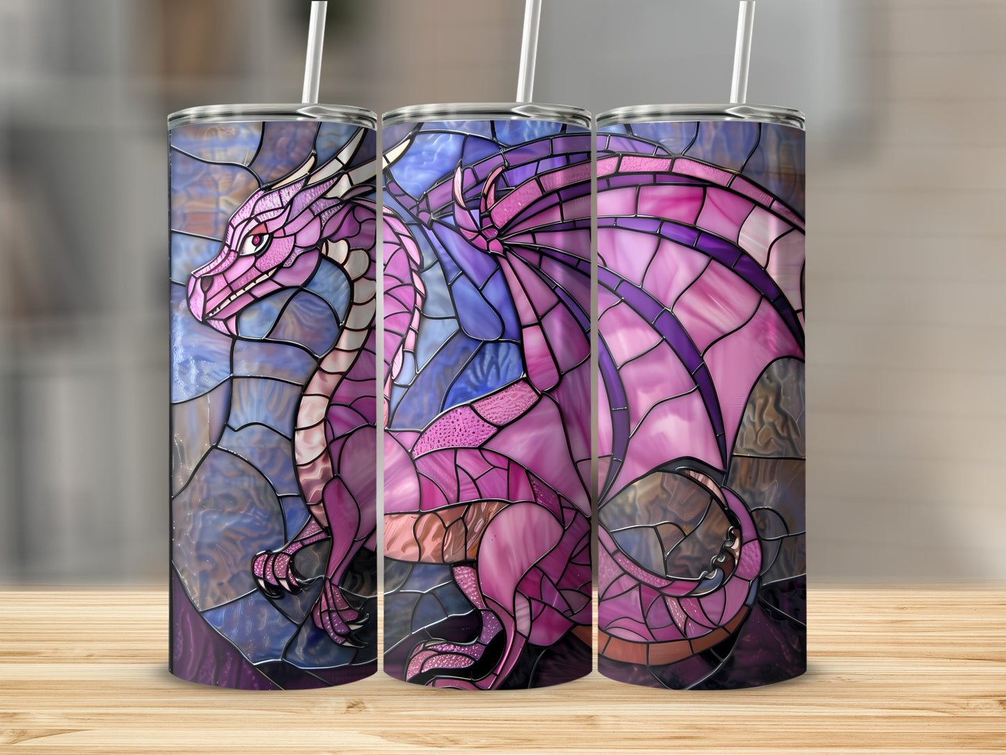Pink stained glass dragon design on a tumbler.