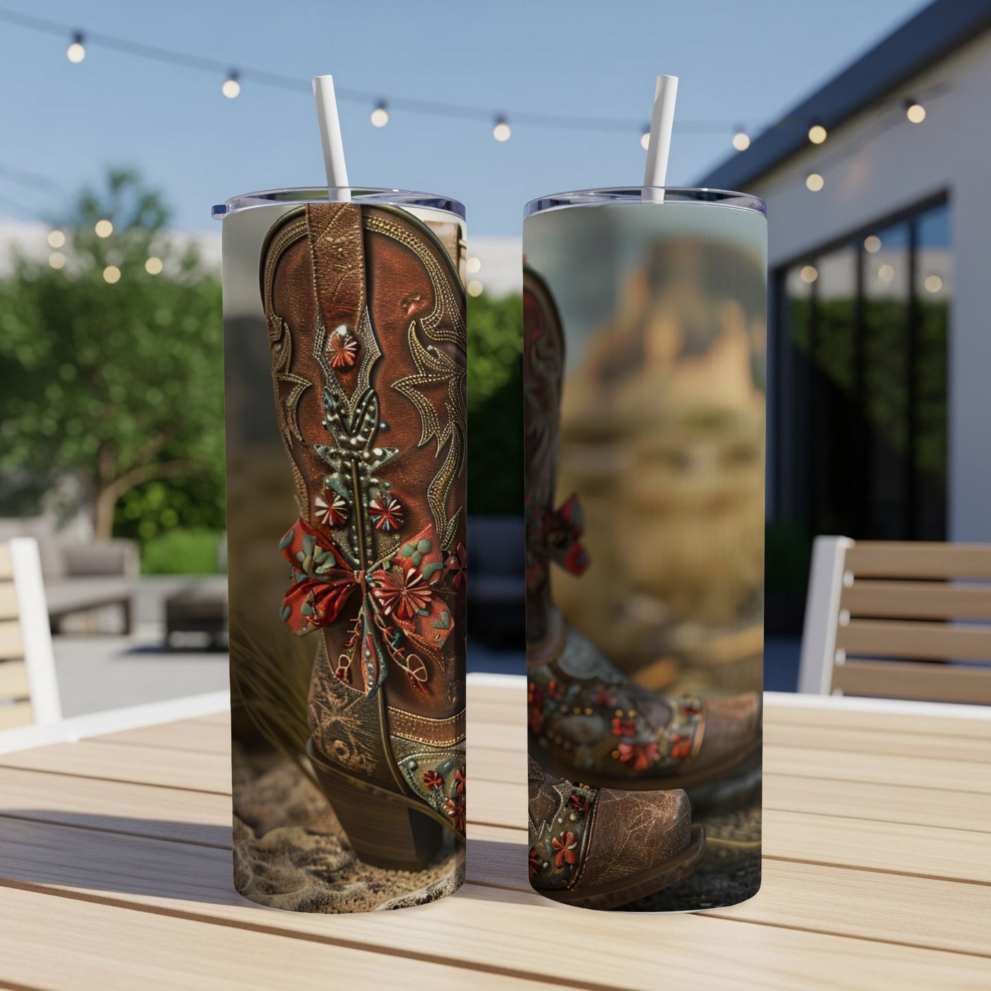 Brown cowboy boots with floral accents on a wooden table.