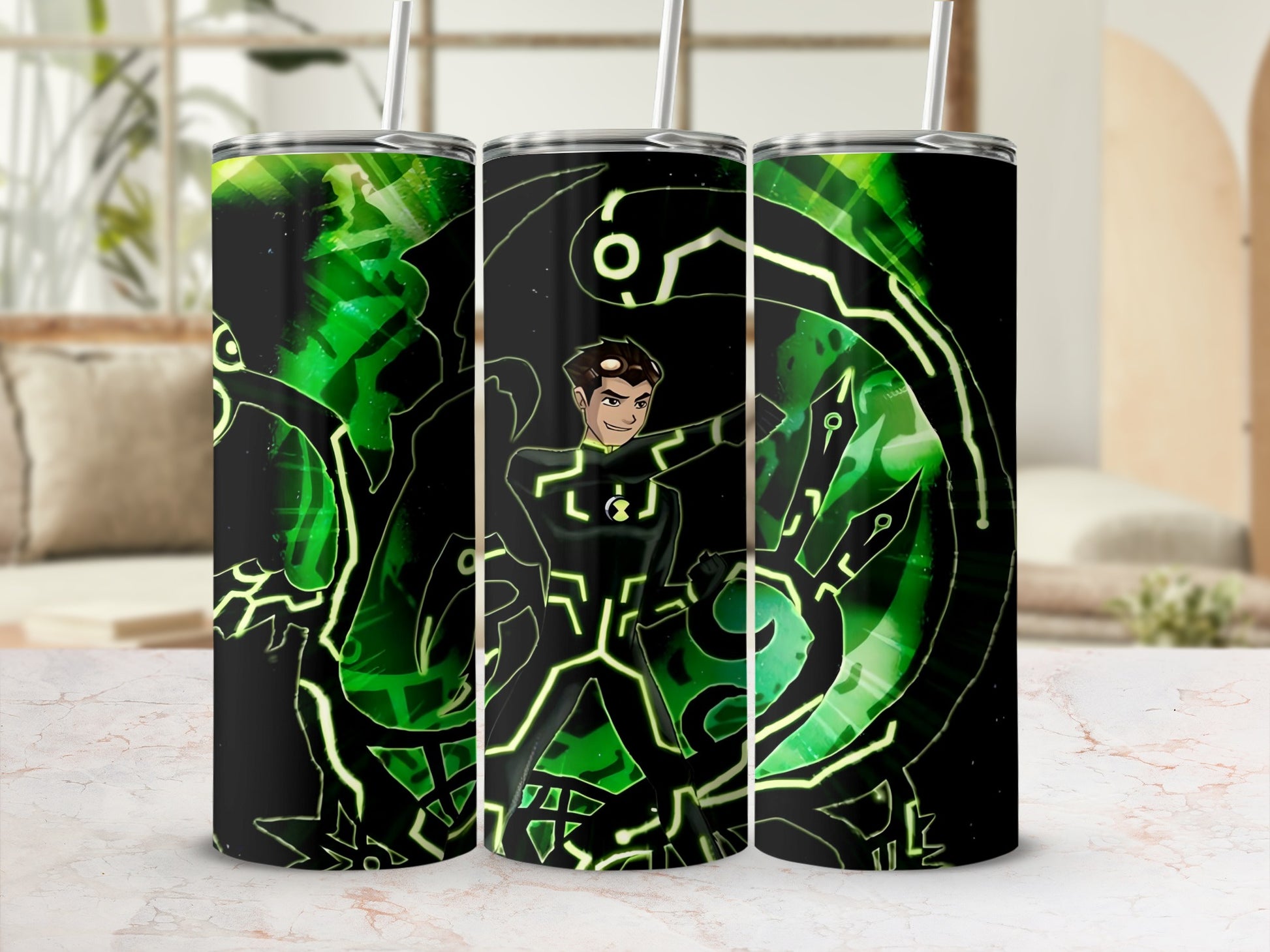 Green Superhero Theme Tumbler with Hero Graphic Design