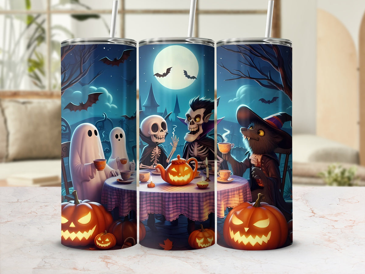 Halloween scene with ghosts, skeletons, vampire, and werewolf drinking tea with pumpkins.