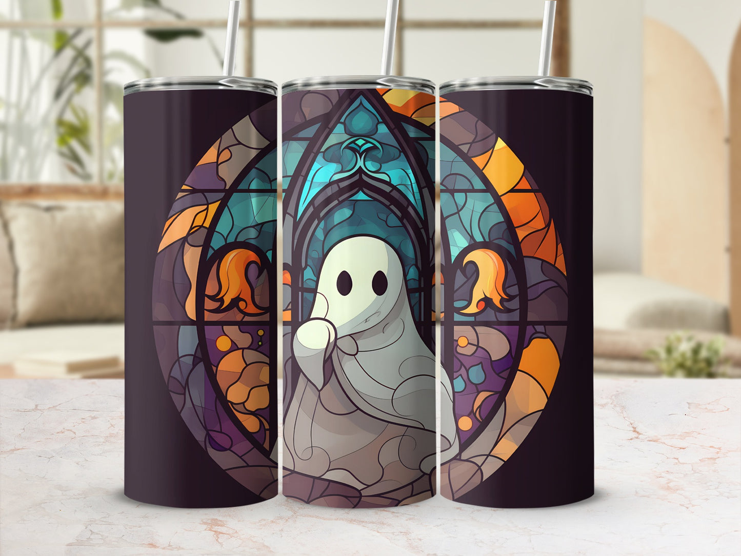 Ghost stained glass design on three tumblers with straws.