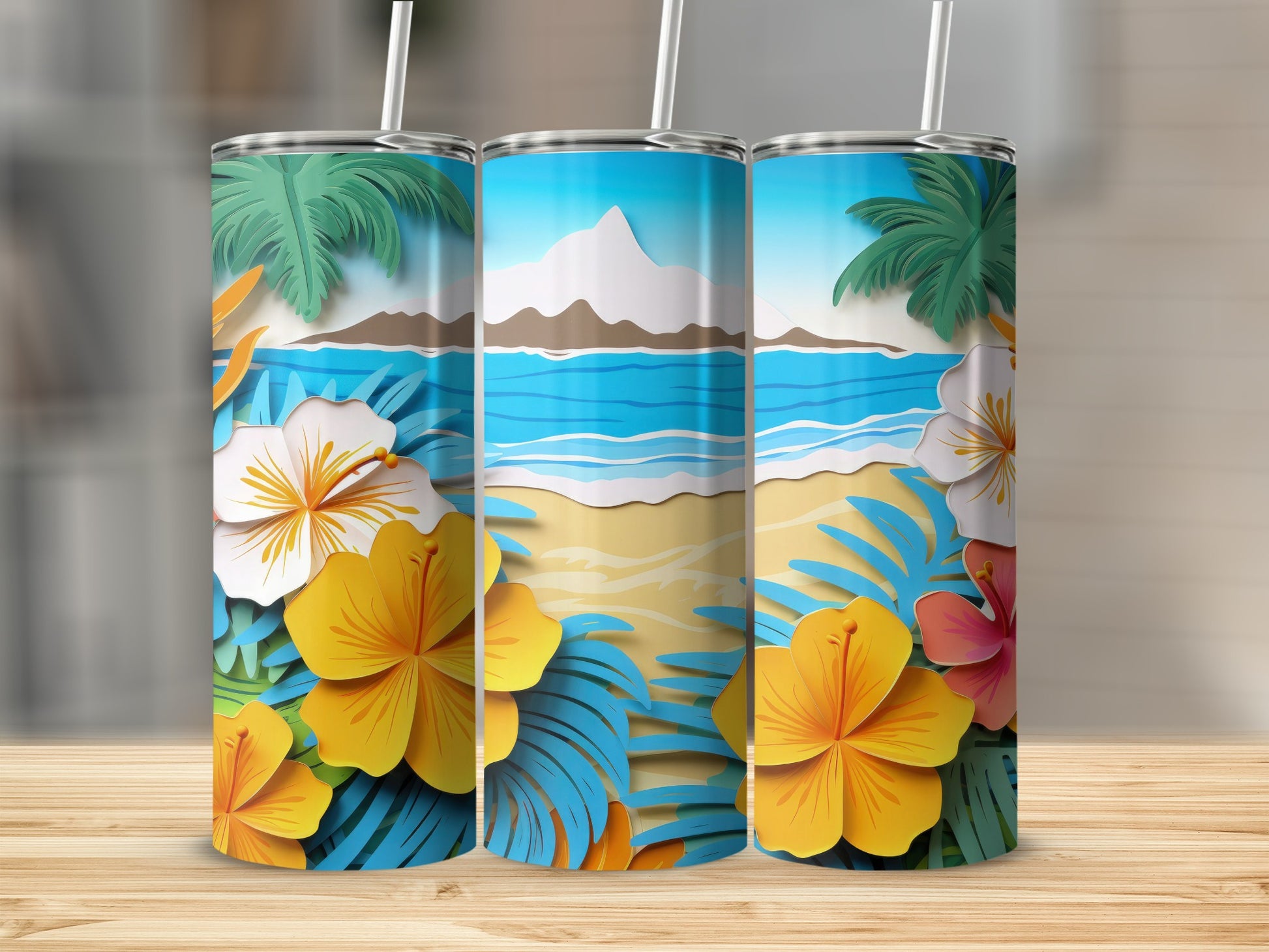 Vibrant Floral Beach Scene Insulated Tumbler for Travel