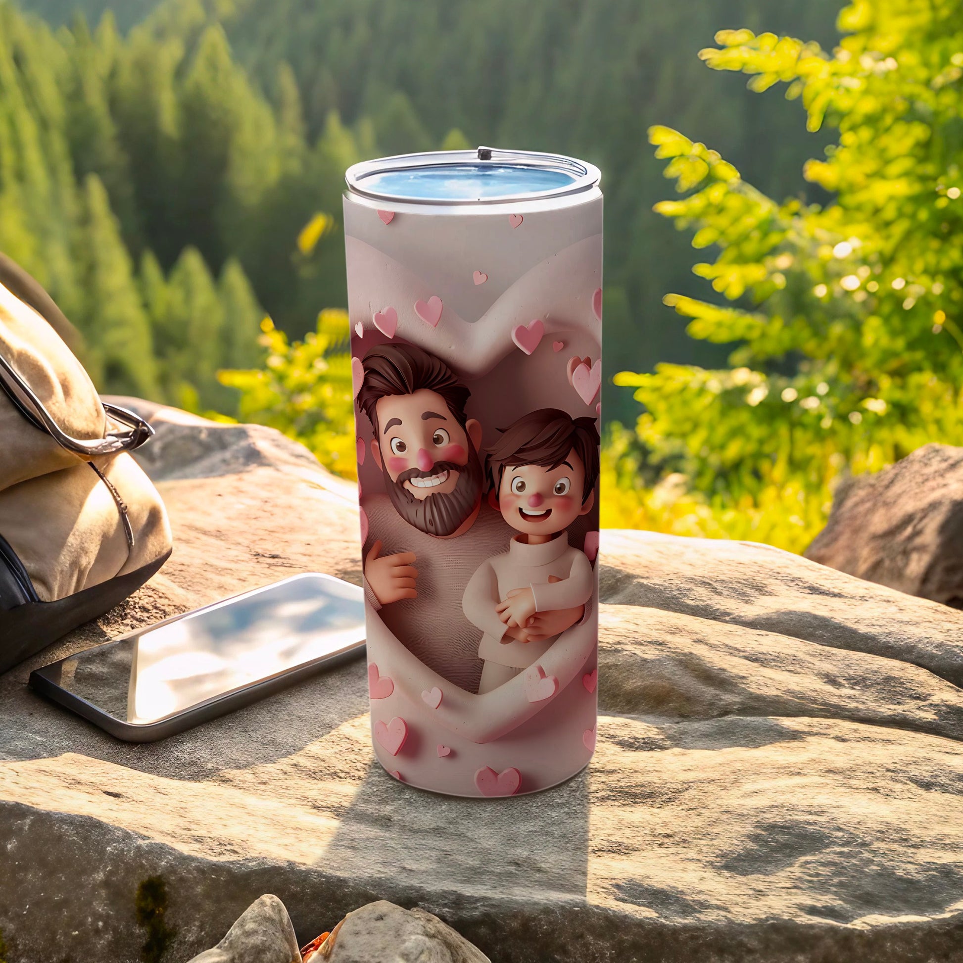 Tumbler with father and child hugging, hearts pattern, outdoors.