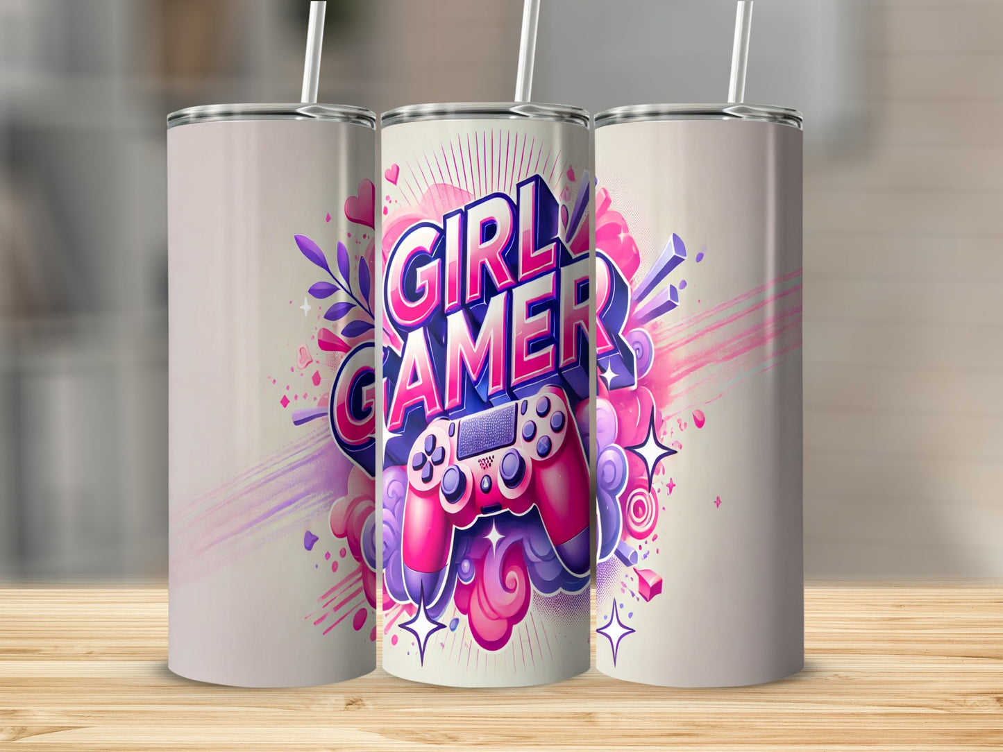 Pink "Girl Gamer" text and controller design on three tumblers.
