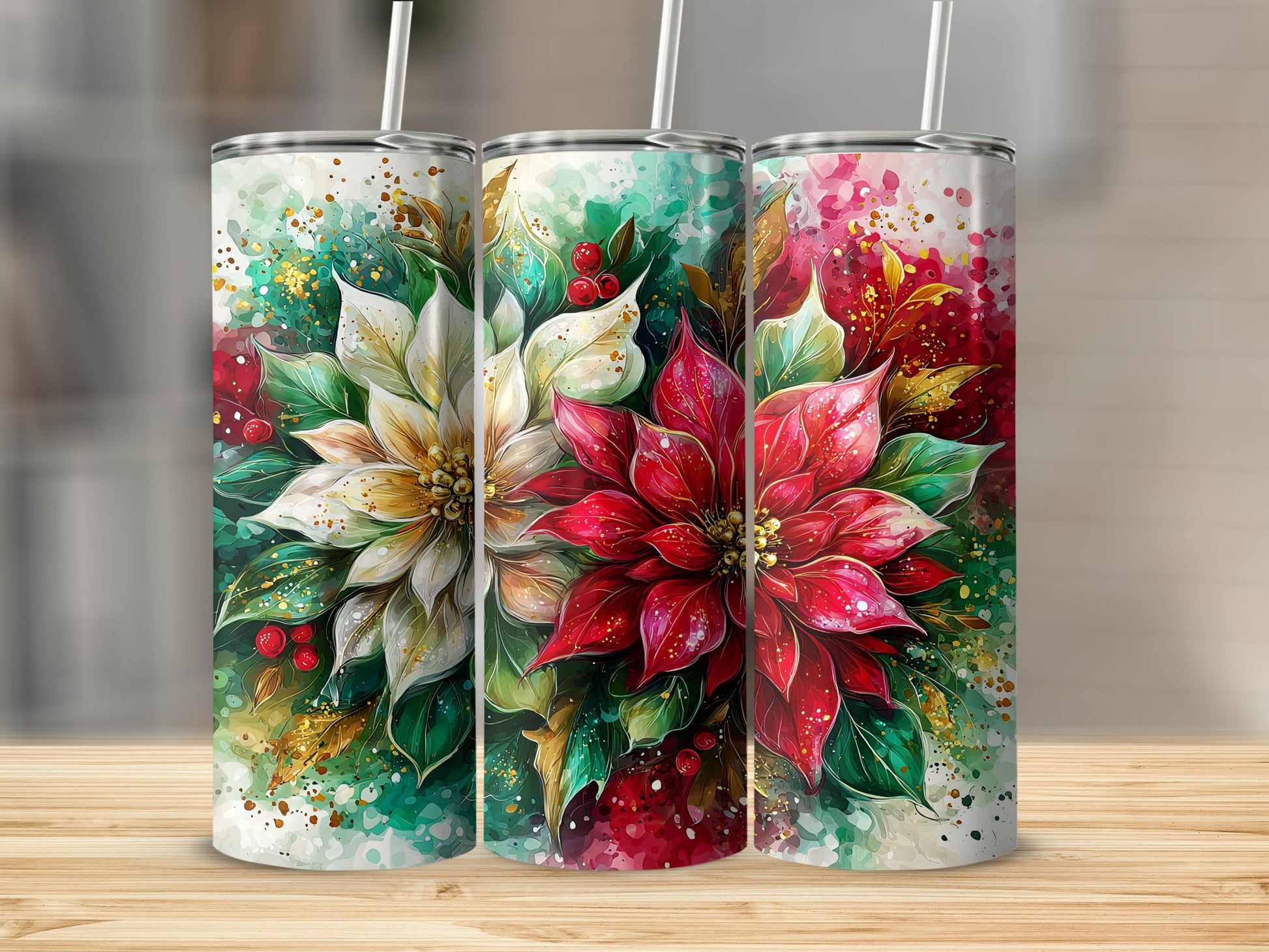 Festive Poinsettia Floral Design Insulated Tumbler