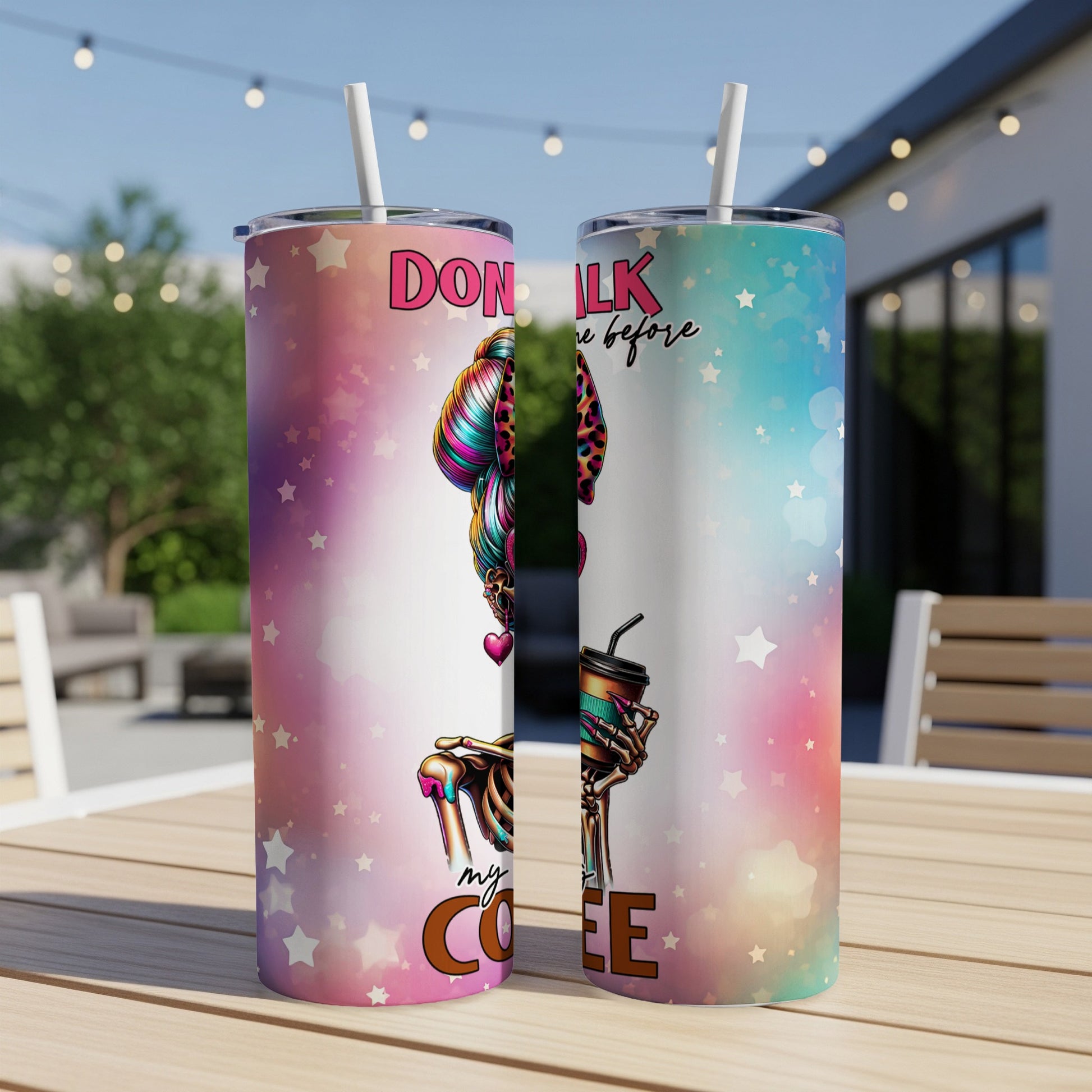 Two tumblers with a skeleton holding a coffee cup, text "Don't talk to me before my coffee".