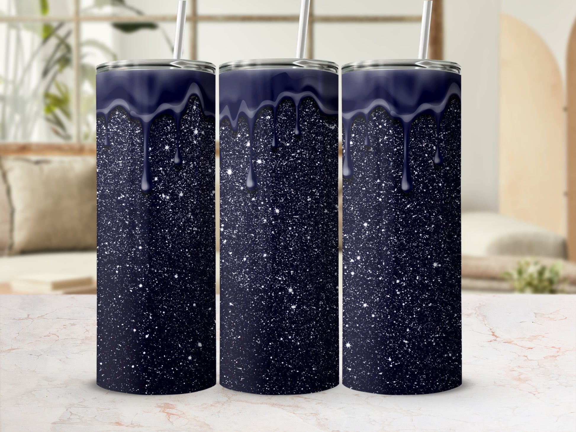 Black Starry Sky Drip Effect Slim Tumbler Cup
