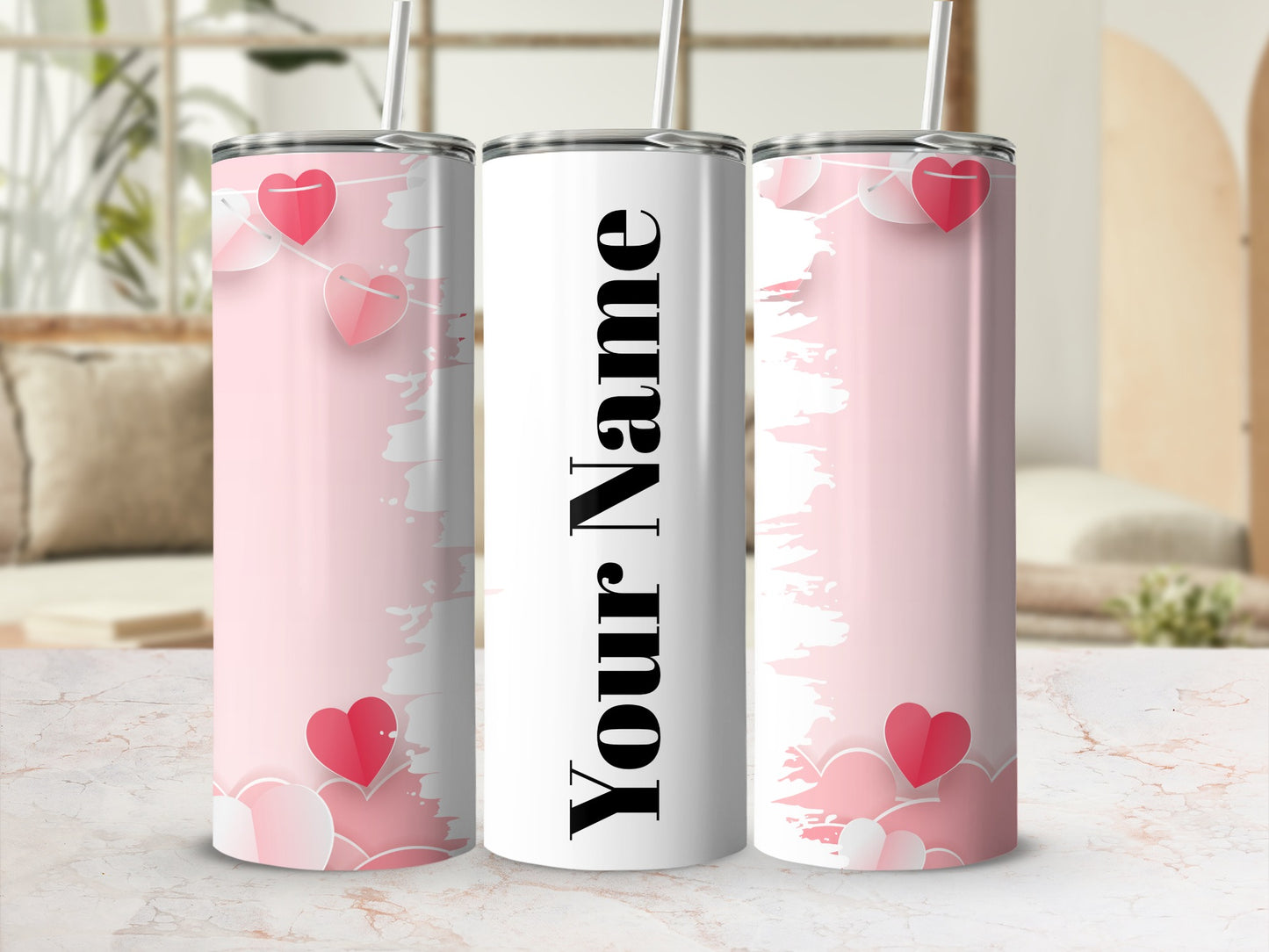 Personalized Pink Heart Design Tumbler with Your Name