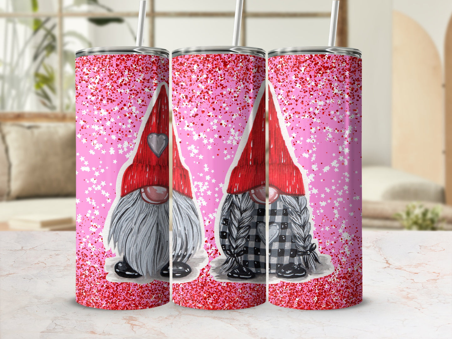 Cute Gnome Pattern Glitter Tumbler for Holiday Gifts