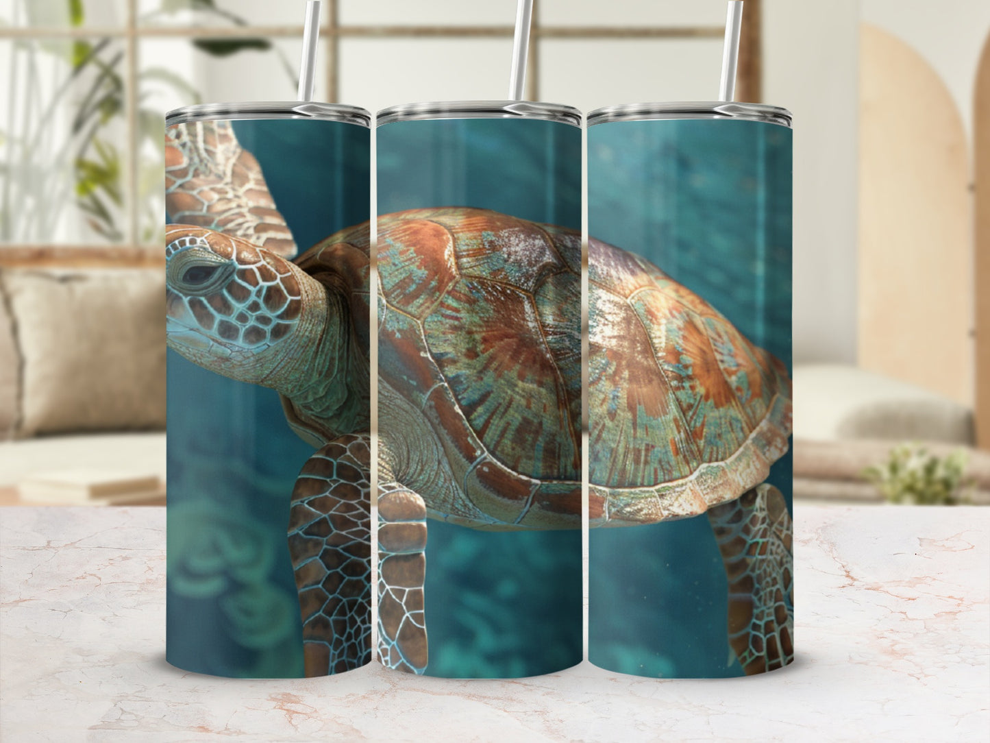 Three tumblers featuring a sea turtle underwater, against a blurred background.