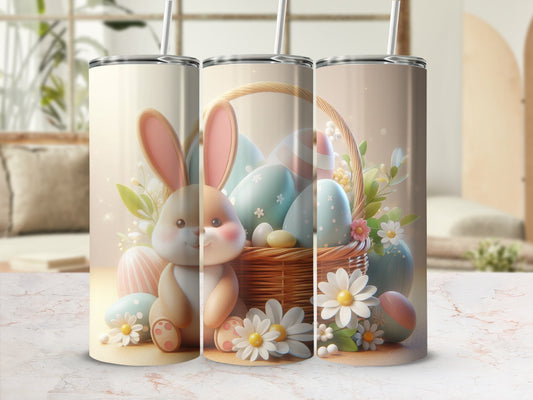 Easter bunny and painted eggs in basket on white marble surface.
