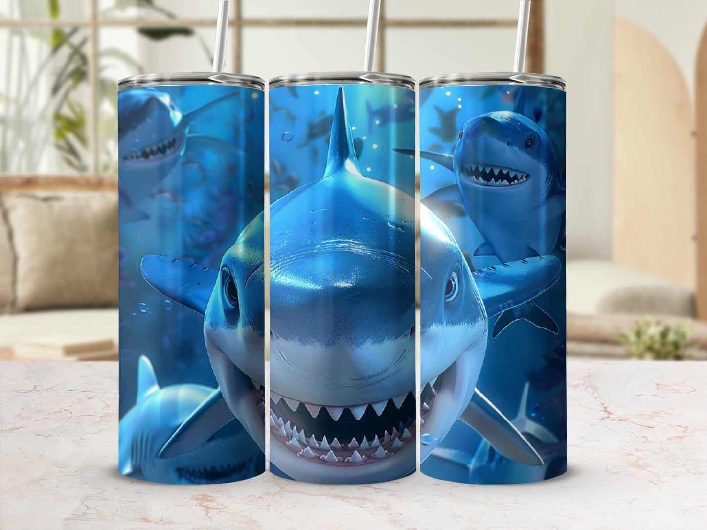 Three tumblers with close-up shark graphics on a marble surface.