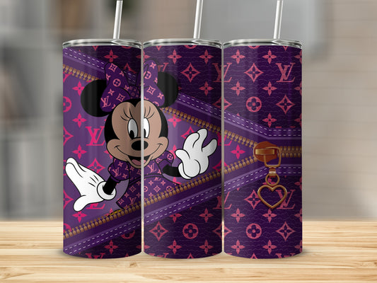 Minnie Mouse on purple Louis Vuitton pattern tumbler with zipper and heart charm.