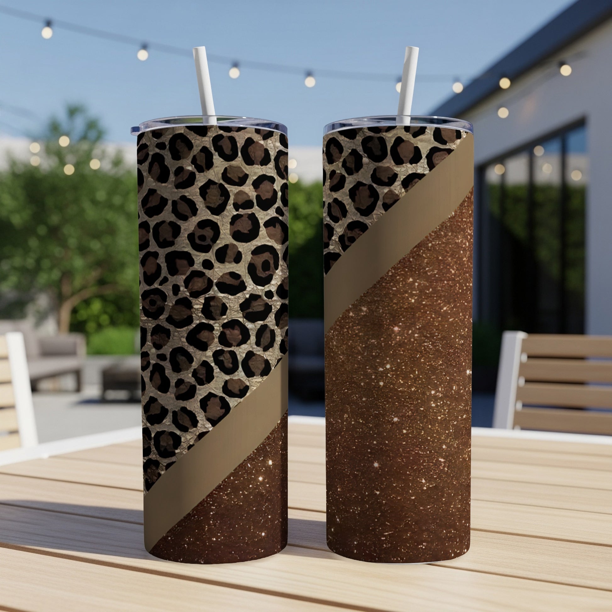 Two tall tumblers, one with leopard print, one with glitter.