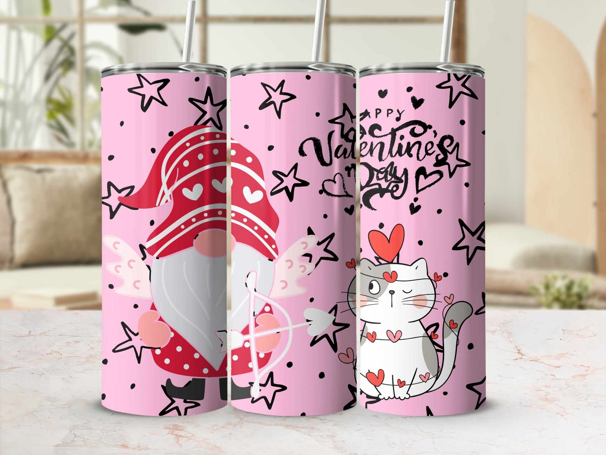 Pink Valentine's Day Gnome and Cat Design Drinkware