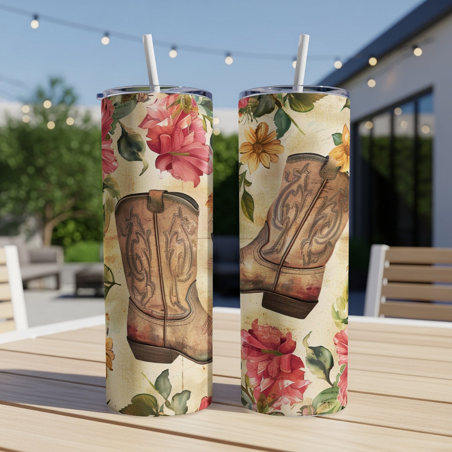 Two vintage cowboy boots with floral pattern on a tumbler.