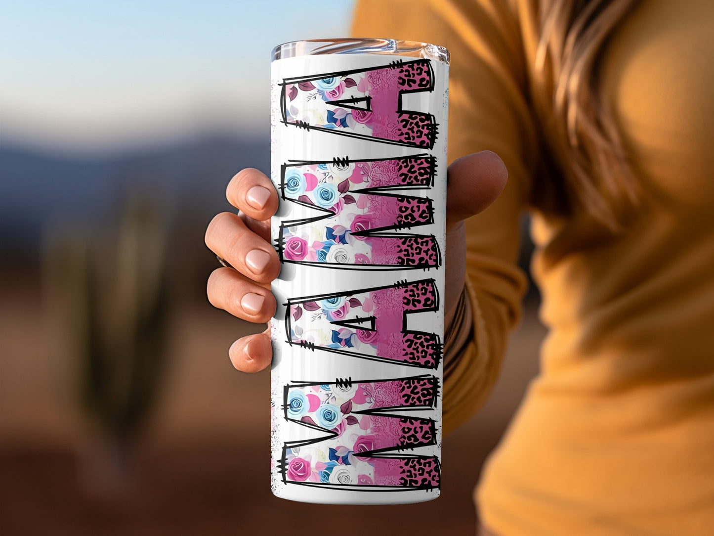 Mom Floral Patterned Tumbler with Leopard Print