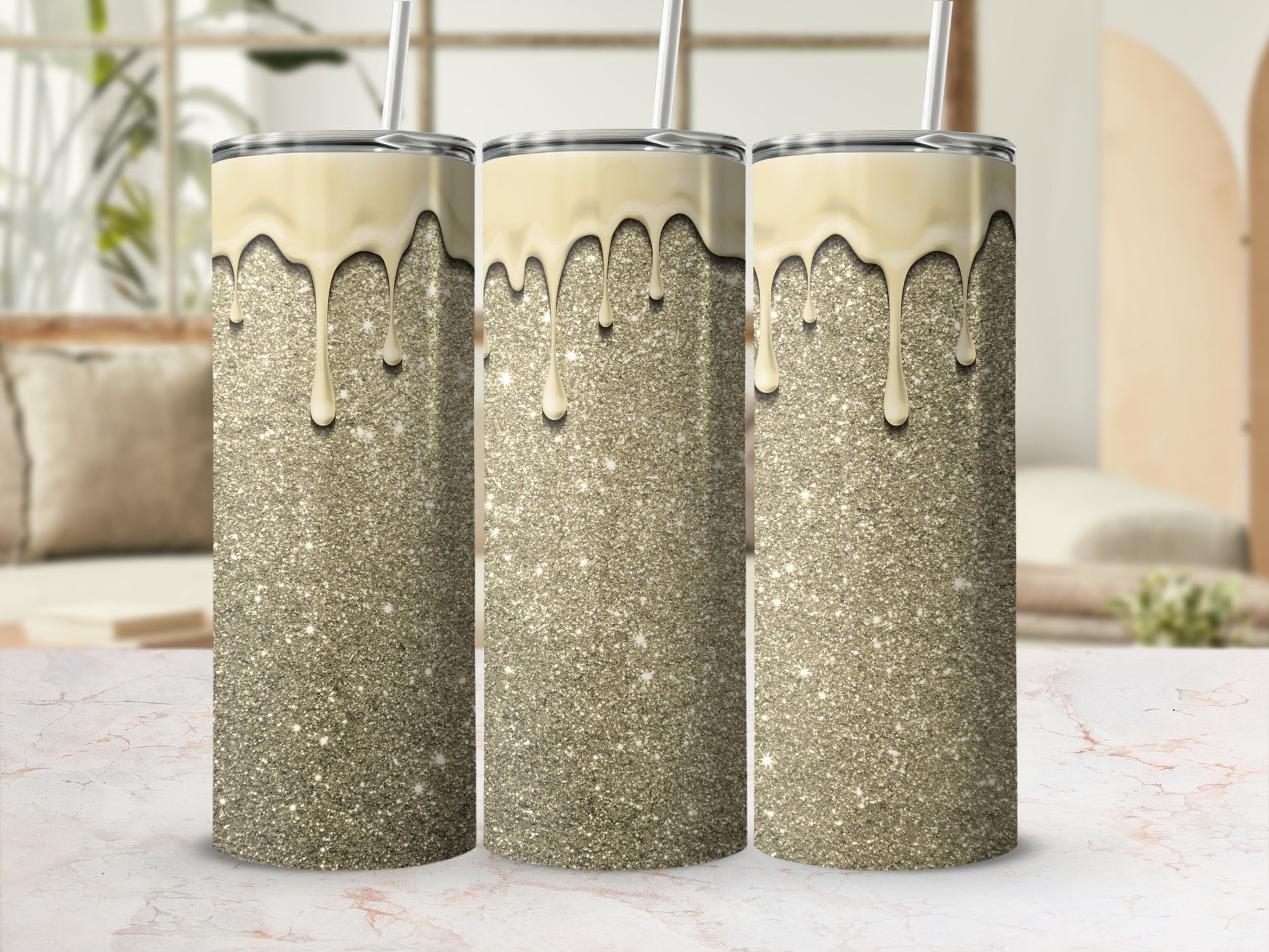 Glittering Gold Tumbler with Creamy Dripping Design