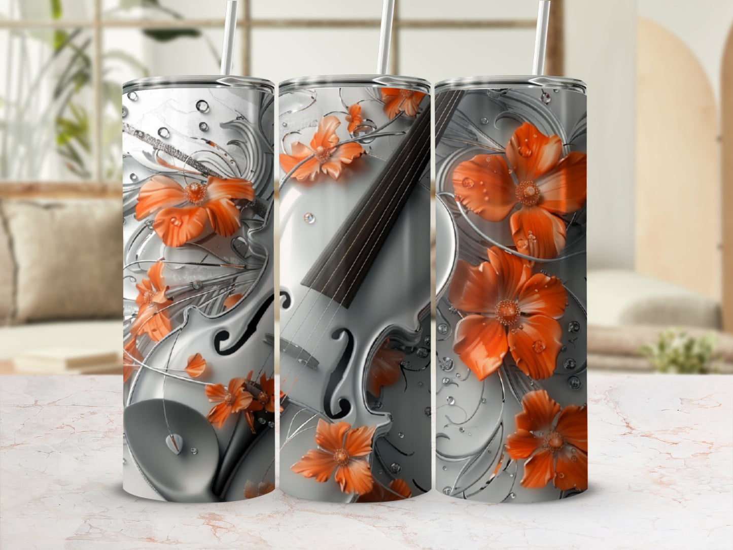 Silver violin with orange flowers and bokeh background.