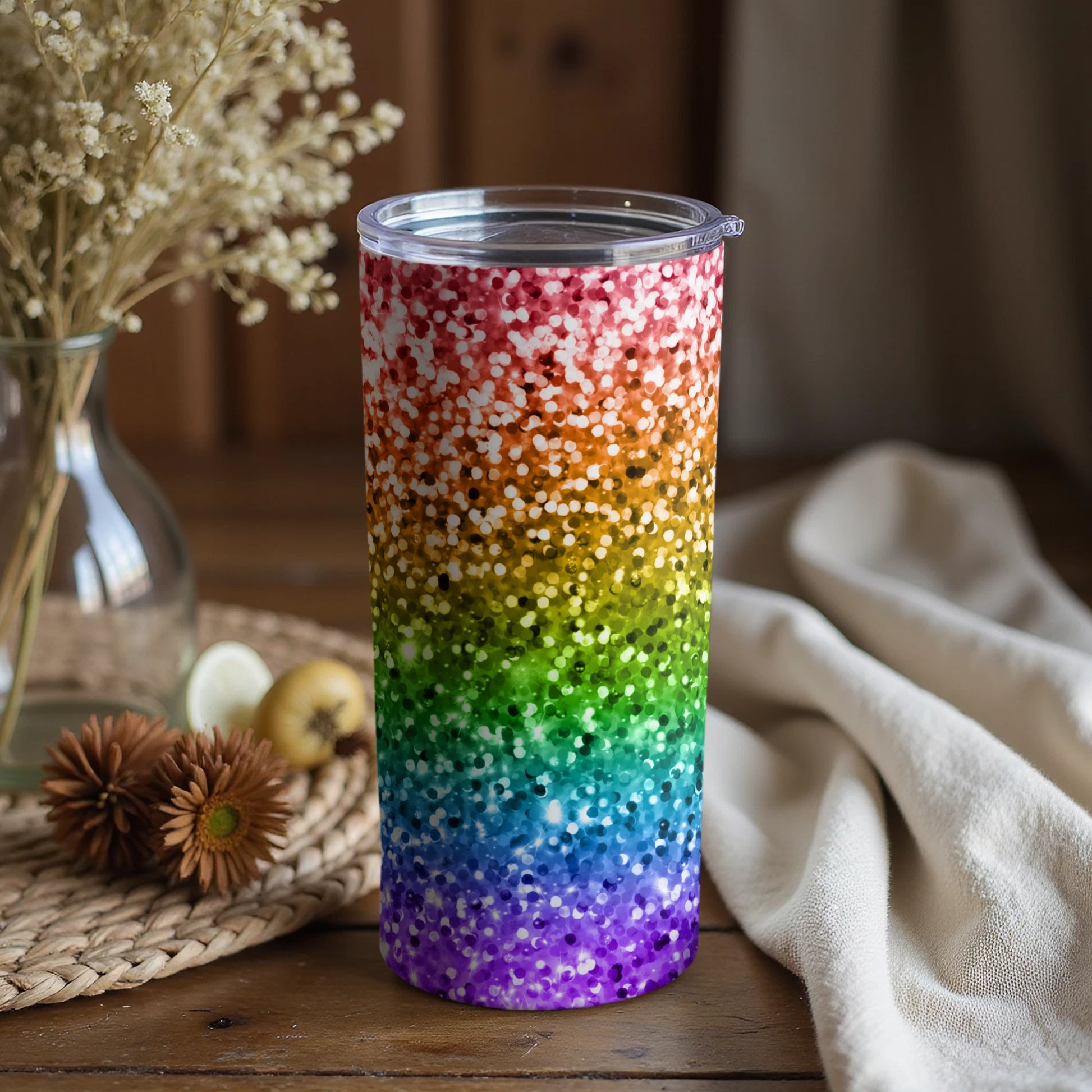 Vibrant Rainbow Glitter Insulated Tumbler Travel Mug